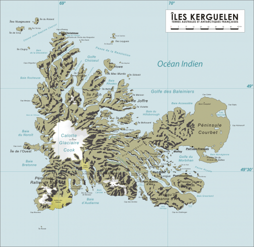 Desolation Islands or Kerguelen Islands.
In French these islands are known as Îles Kerguelen or Archipel des Kerguelen.
Being more than 3,300 km away from the nearest populated location, the Desolation Islands are one of the most isolated places on Earth.