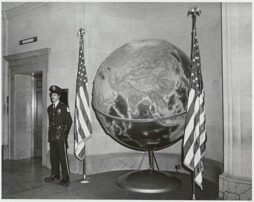 [Caption on card] "NA-5568 A large, transparent globe showing the earth's land water areas in relief stands in the Pennsylvania Avenue lobby of the National Archives Building. Made by Terr-A-Qua Globes & Maps Co., of Santa Ana, Calif., the globe was contributed to NARS by Dr. Talbert Abrams in honor of Capt. & Mrs. Finn Ronne. The diameter of the globe is 6 1/2 feet. It was presented to NARS October 21, 1969. This picture was made in January 1975. The globe is part of the Center for Polar Archives, which was established in the National Archives in 1967 and which has papers of Capt. Ronne among its holdings."
Still Pictures ID: 64-NA-5568
64-NA-5568_2008