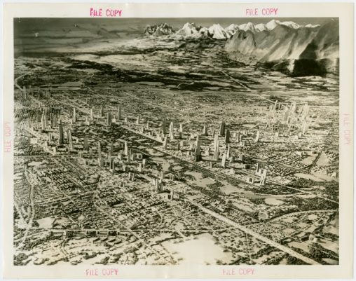 Aerial view of General Motors' Futurama at the World’s Fair (New York, 1939); architectural model of NYC in the future.