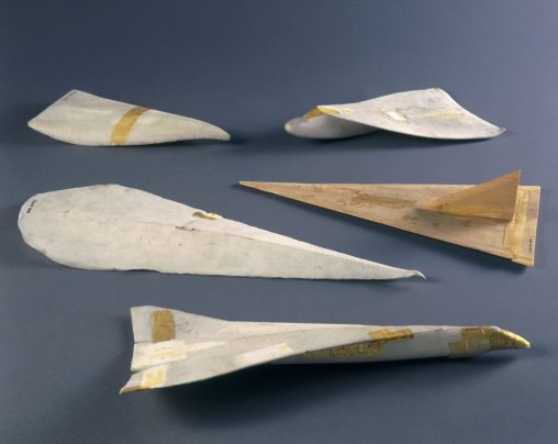 Concorde’s very early models made from papier maché and sticky tape by english scientist  W E Gray to test wing designs,  1960s. (n/d).