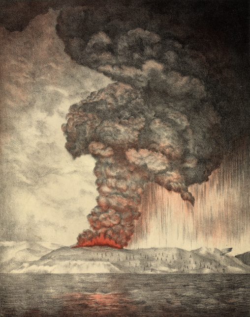 27th May 1883:  Clouds pouring from the volcano on Krakatoa (aka Krakatau or Rakata) in south western Indonesia during the early stages of the eruption which destroyed most of the island.  Royal Society Report on Krakatoa Eruption (London, Trubner & Co., 1888).