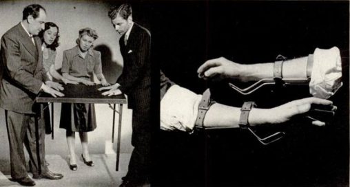 The magician Joseph Dunninger revealing a fraudulent method of 'levitating' a table with a hidden hook attached to the arm.
Life Magazine. 16 June, 1941, p. 78.