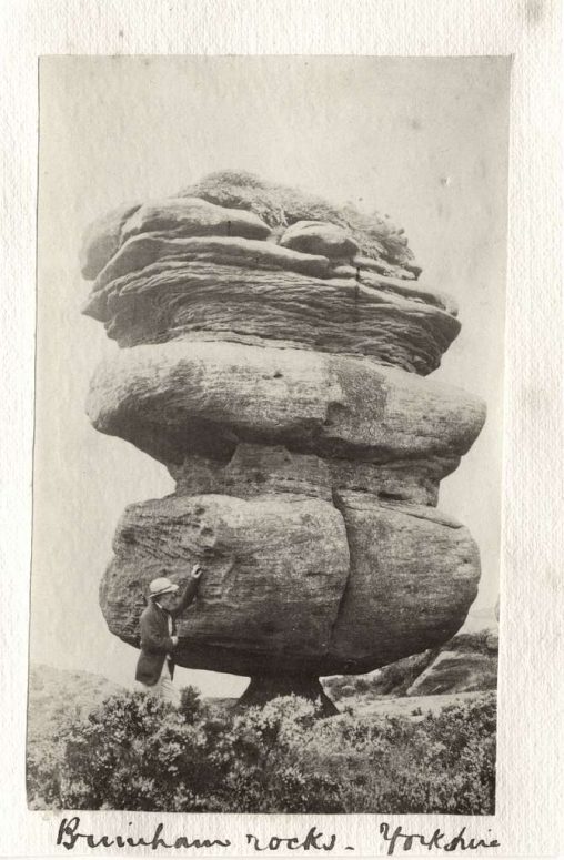 19th century photograph of the Idol stone at Brimham Rocks, North Yorkshire, England.