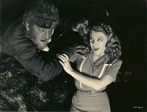 Evelyn Ankers and Lon Chaney in THE WOLF MAN (1941).