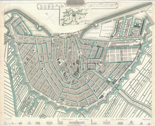 Hand colored 1835 plan of Amsterdam, the Netherlands. Drawn by W B. Clarke and engraved by B. R. Davies. Published by Baldwin & Cradock of Paternoster Row, London, for the S.D.U.K. atlas, 1835.