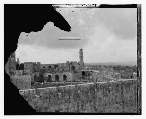 The Graf Zeppelin flies over the Tower of David in Jerusalem in April 1931 [American Colony Photo-Dept. Collection: G. Eric and Edith Matson Photograph Collection, Prints and Photographs Division, LOC, Washington, DC]