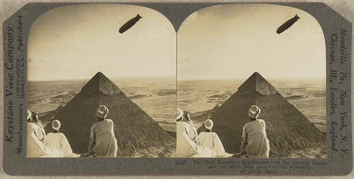 Stereograph of LZ 127 Graf Zeppelin flying over Cairo, Egypt on April 10, 1931 [Keystone View Company].