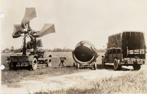 Antiaircraft sound locator apparatus with searchlight and transport, 1932 [Coast Artillery Corps, USA]