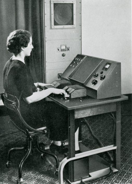 The Voder as demonstrated by Mrs Harper at The Franklin Institute, c. 1939. The Voder (Voice Operation DEmonstratoR) was Bell Telephone Laboratory's first attempt to electronically synthesize human speech.