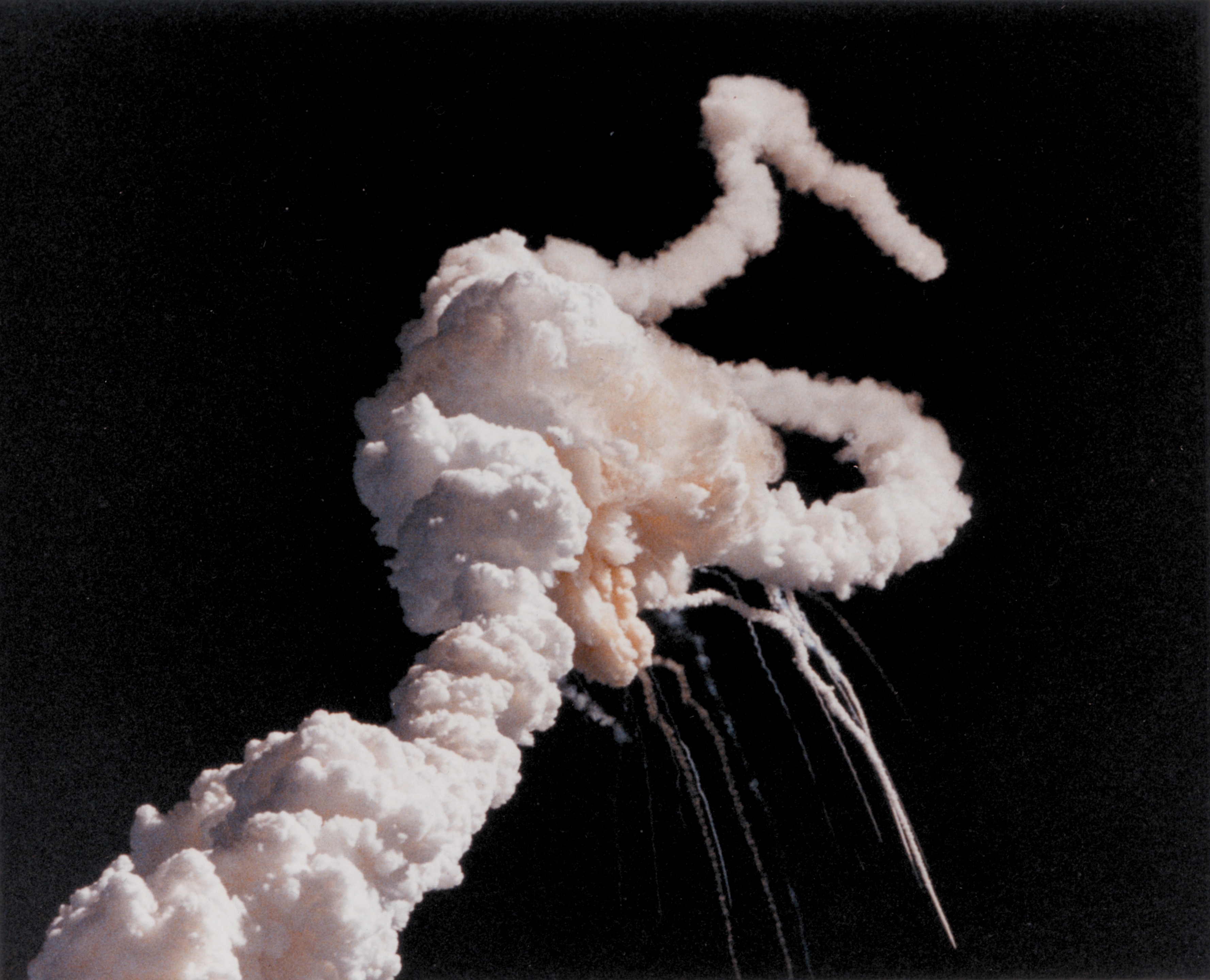 Space Shuttle Challenger explodes shortly after take-off, January 28, 1986 [NASA].