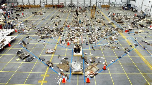 After the disaster of Feb. 1, 2003, pieces of Columbia space shuttle debris are seen stored in a hangar at NASA's Kennedy Space Center in Florida during accident investigation in 2003. More than 82,000 pieces of debris were recovered. Imaged released May 15, 2003 [NASA]
