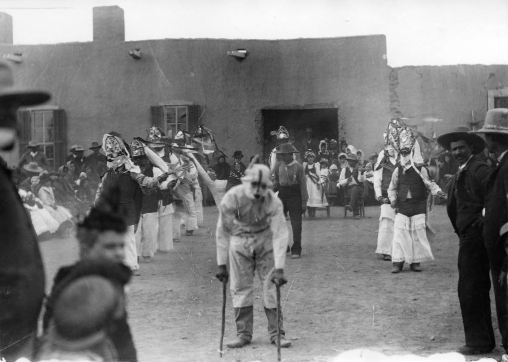 A performer playing El Toro in a Matachines dance, Monticello, New Mexico, 1909. “Monticello Church Festival,” Henry A. Schmidt Pictorial Collection 000-179-0677. (Photo by Henry A. Schmidt; courtesy of the Special Collections and Center for Southwest Research, University of New Mexico Libraries)