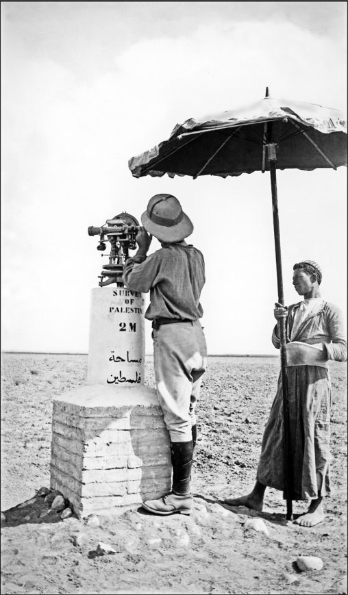 The Palestine Exploration Fund’s Survey of Western Palestine was a multi-year survey of the region’s ancient remains as well as its contemporary peoples. Here, a surveyor and local assistant measure distances from a fixed point (1925, Palestine Exploration Fund)