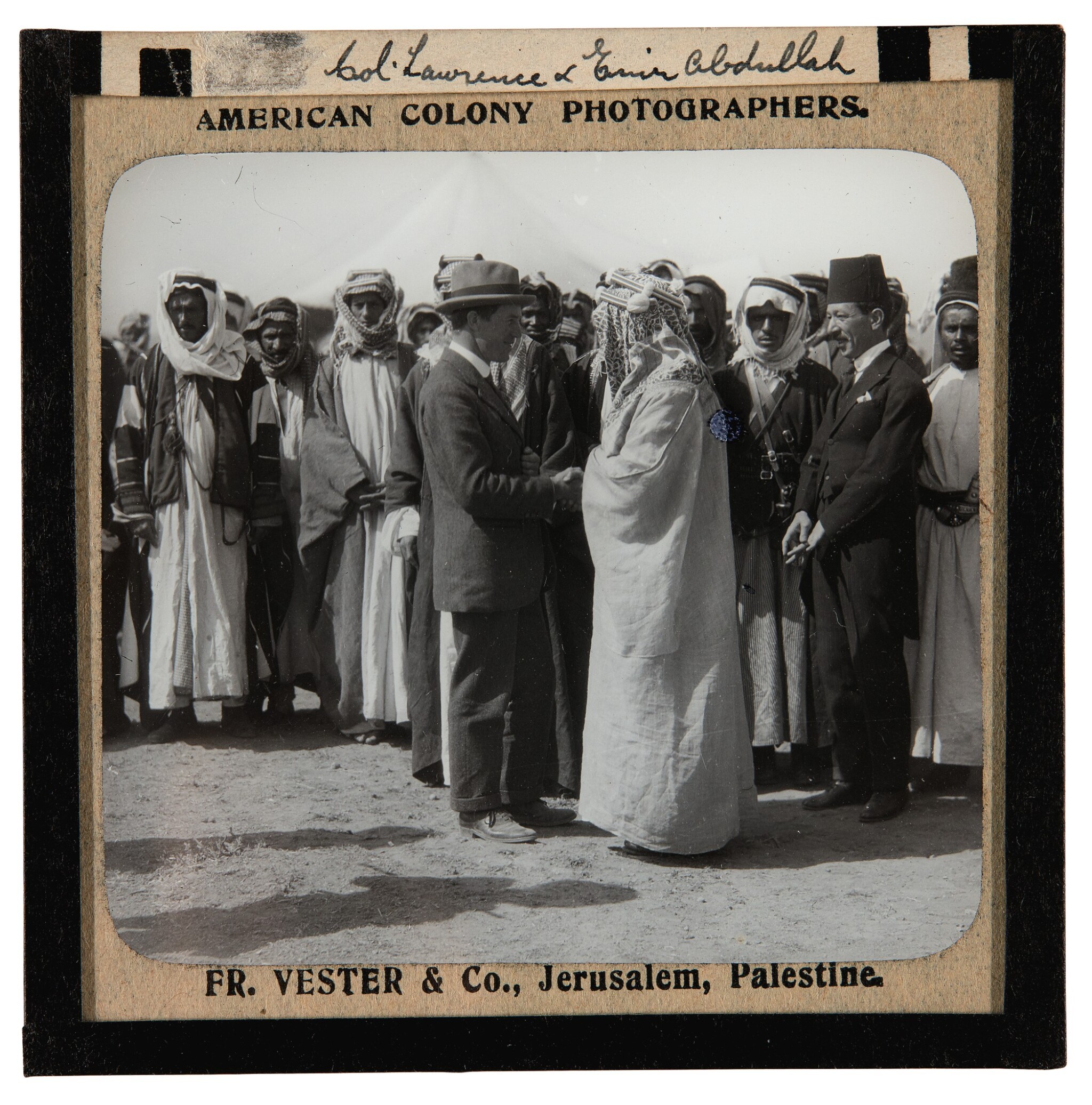 Lantern slide. T.E. Lawrence with Emir Abdullah, c. 1917.