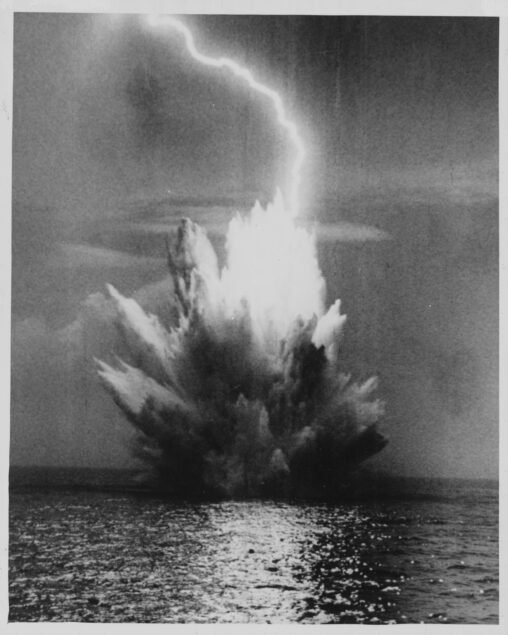 During a depth charge test in 1957, the resulting 300-foot-high water plume was struck by lightning. [U.S. Naval Institute]