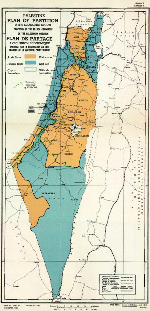 Map of UN Partition Plan for Palestine, adopted 29 Nov 1947, with boundary of previous UNSCOP partition plan added in green.