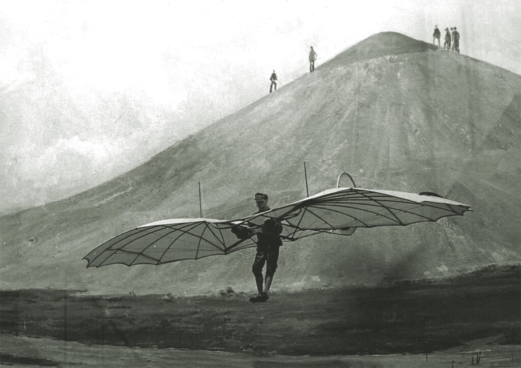Otto Lilienthal flying close to the hill he built for that purpose (Fliegeberg) Mechanical engineer Otto Lilienthal (1848–1896) started building flying machines in 1874. In 1891 he managed to make the first successful gliding flight in history. Three years later he had a nearly 60-meter artificial hill built in Lichterfelde, where he practiced his flights. This hill, in Berlin area, has now a memorial with his name (built in 1932).