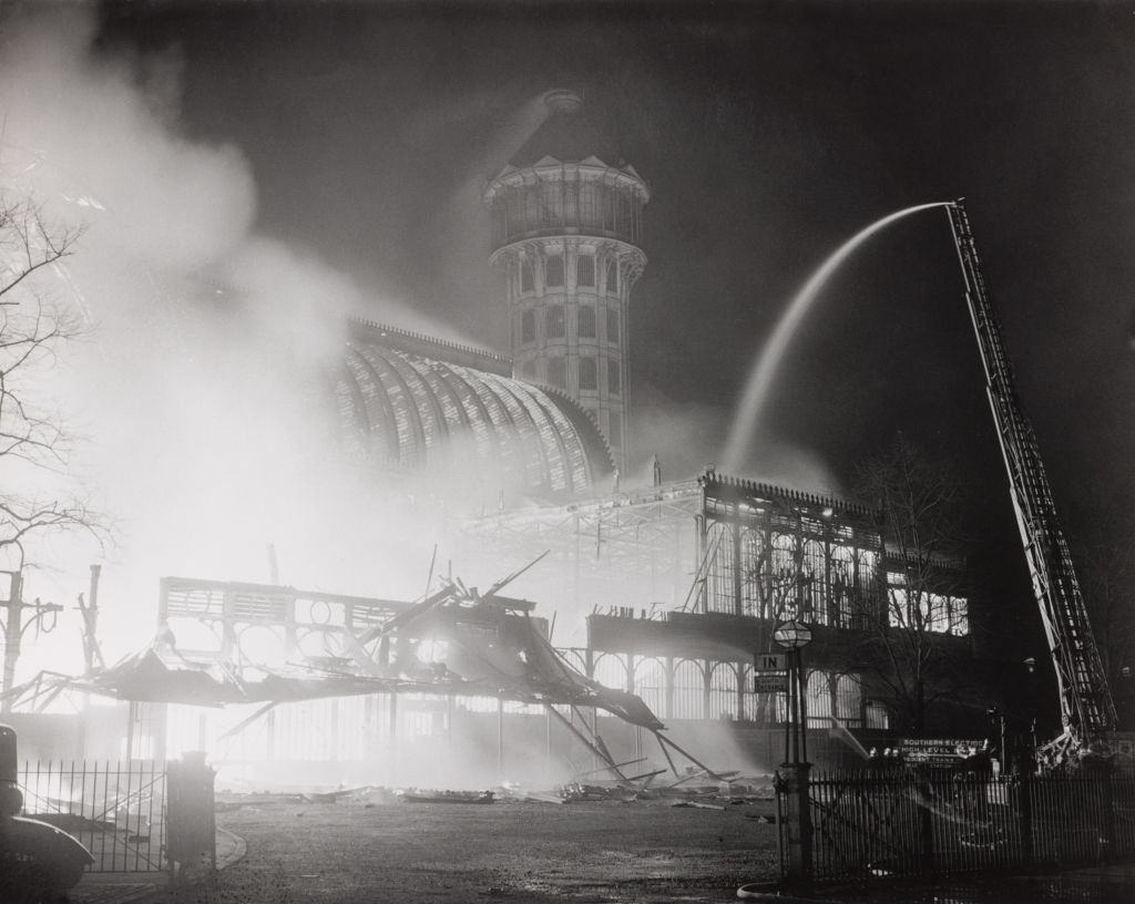 Scenes at the Crystal Palace fire, London, 30 November 1936. Photograph by Edward G Malindine. (Photo by Daily Herald Archive/National Science & Media Museum/SSPL via Getty Images)