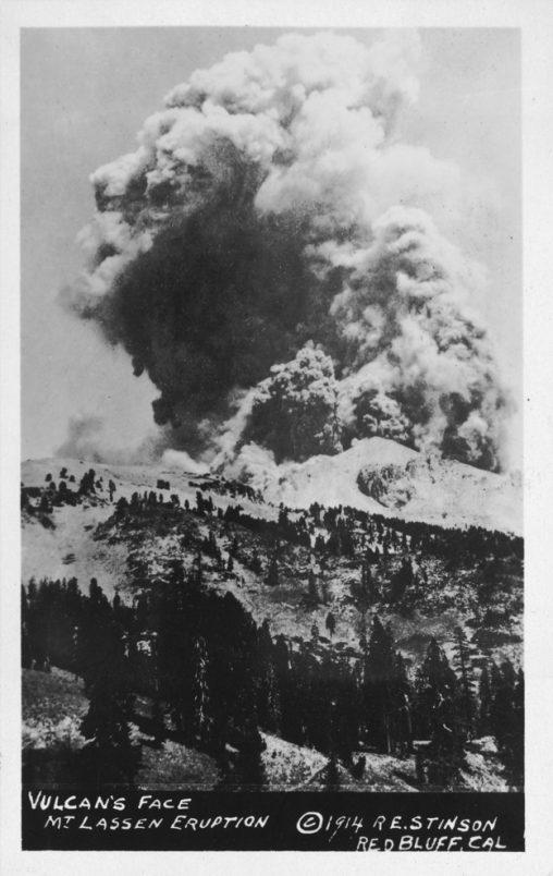 Photographic postcard of Lassen Peak in eruption (1914-1917), with the emitting ash cloud forming the profile of "Vulcan's Face"[William Holmes Spaulding Photograph Collection, Photo by R.E. Stinson]