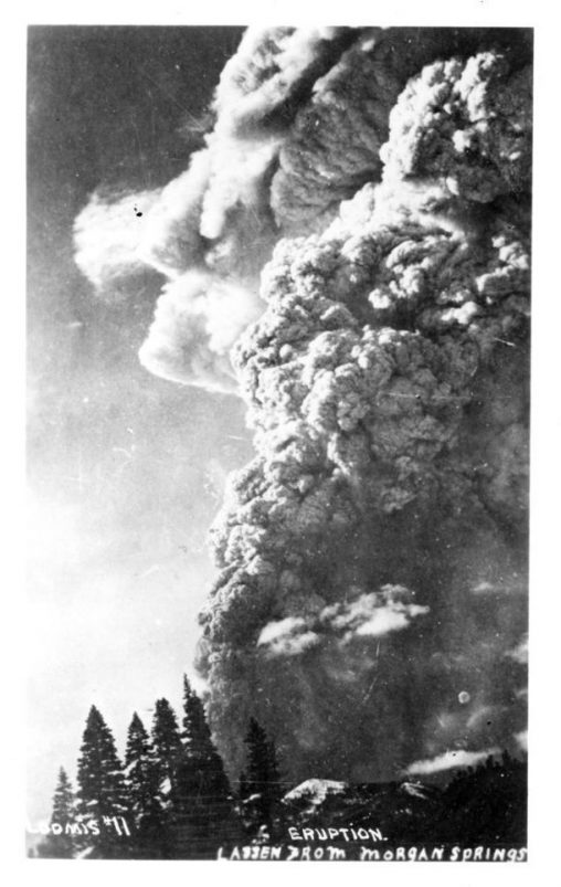 Lassen Peak in eruption (1914-1917) seen from Red Bluff, CA.  [Benjamin F. Loomis Historical Photograph Collection, Photo by R.E. Stinson]