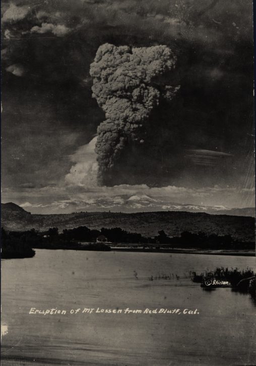 Lassen Peak in eruption (1914-1917) seen from Red Bluff, CA.  [Benjamin F. Loomis Historical Photograph Collection, Photo by R.E. Stinson]