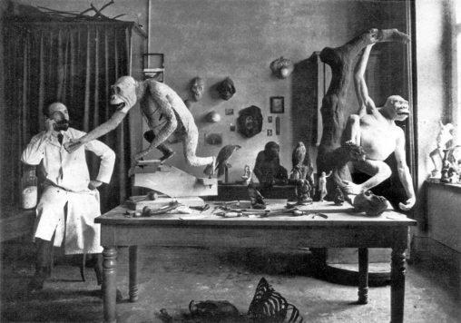 Taxidermist Herman H. ter Meer in his studio at the Zoological Institute of the University of Leipzig, 1910.