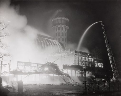 Crystal Palace on fire, London, 30 November 1936. [Photograph by Edward G Malindine].