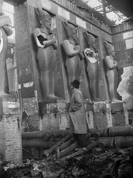 1st December 1936: The ruins of the Egyptian Hall at the Crystal Palace exhibition hall in Sydenham, south London, destroyed by a fire.