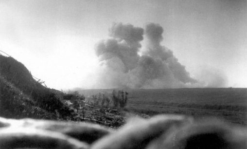 The detonation of a mine on the Somme, 1916.
The mine was dug under the German lines at Hawthorn Redoubt. It was fired 10 minutes before the assault at Beaumont Hamel on the first day of the Battle of the Somme, 1 July 1916 [NAM. 2001-01-279-56]