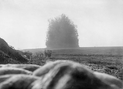 A 20 ton mine under the German front line positions at Hawthorn Redoubt is fired 10 minutes before the assault at Beaumont Hamel on the first day of the Battle of the Somme, July 1, 1916. The mine left a crater 40 m across 18 m deep.