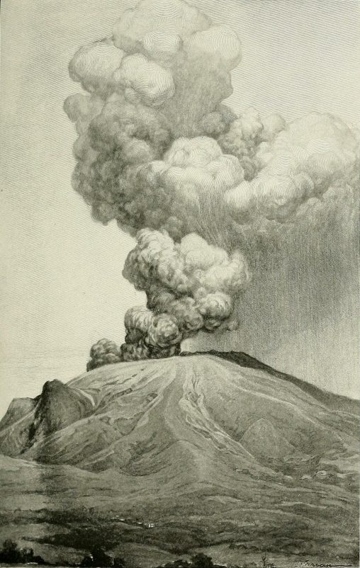 Mont Pelée from Vive, May 27, 1902.
The great cloud of steam and smoke rose cauliflower shaped from the summit crater to a heigh tof from two to three miles. The descending shower of rain and ashes shows on the right. Drawn by George Varian.  The National Geographic Magazine, Washington.