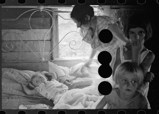 Photo killed with a hole puncher, resulting in a black hole, 1930’s.
This photo is part of the Farm Security Administration (FSA) documentary program, setup during the Great Depression, in USA, to show the misery in rural America.