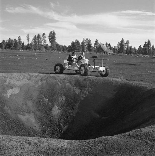 January 1st, 1971 - Apollo 15 astronauts Jim Irwin and Dave Scott training in the lunar rover vehicle (LRV) at Cinder Lake, south of Flagstaff, Arizona. Cinder Lake was designed by the United States Geological Survey's Branch of Astrogeology to simulate the cratered surface of the Moon.