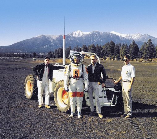 Test Support Unit with the Explorer, a lunar rover vehicle simulator at Cinder Lake Crater Field east of Flagstaff, Arizona, December 1968. (USGS)